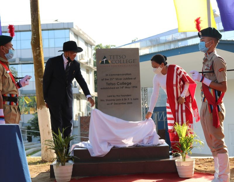 Founders of Tetso College, Shasinle and Dr PS Lorin, unveiling the commemoration stone during the 25th anniversary celebration of Tetso College held on December 4. (Photo Courtesy: Tetso College)